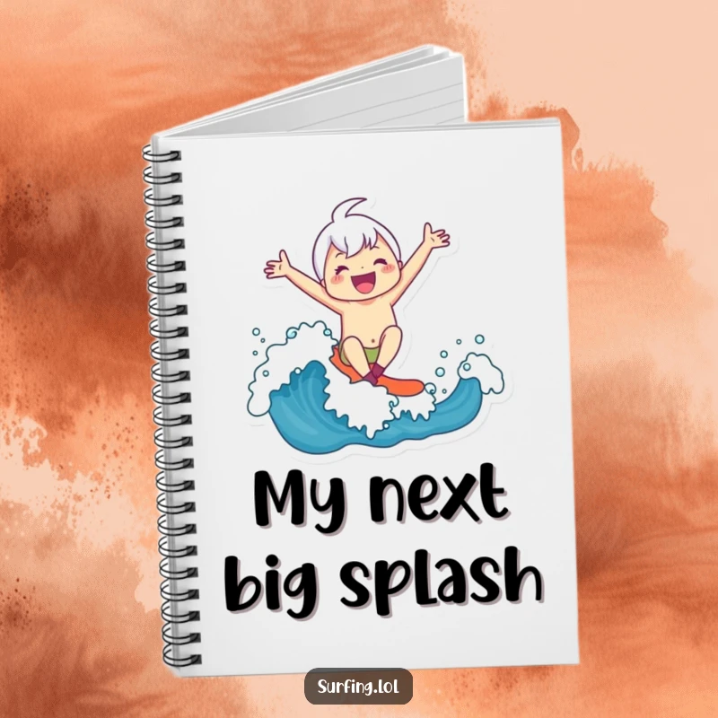 Funny Notebook: Cover art depicts a character ecstatically surfing a wave, arms open wide in celebration and glee.
