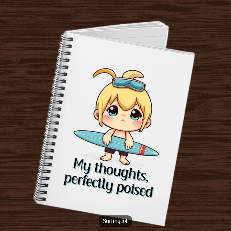 Funny notebook showing a character in deep concentration balancing a surfboard on their nose.