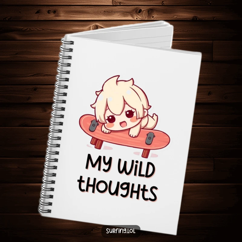 Funny notebook with a character comically losing balance on a surfboard, perfect for journaling, note-taking, and embracing life's wobbles.