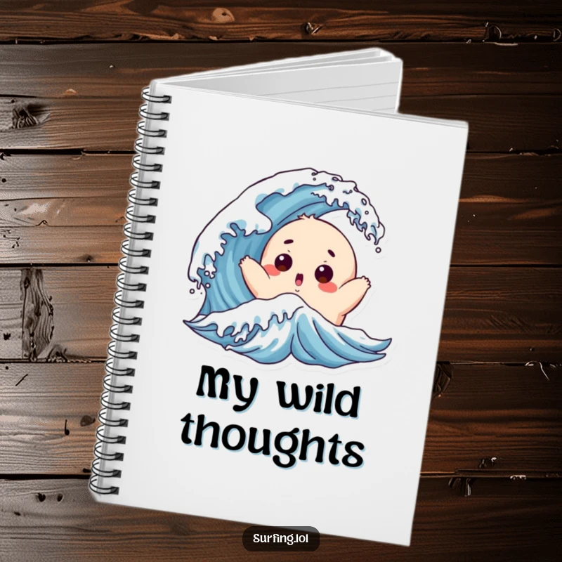 Funny Chubby Surfer Notebook: A chubby character with a surprised face is tossed by a playful wave, inspiring notes.