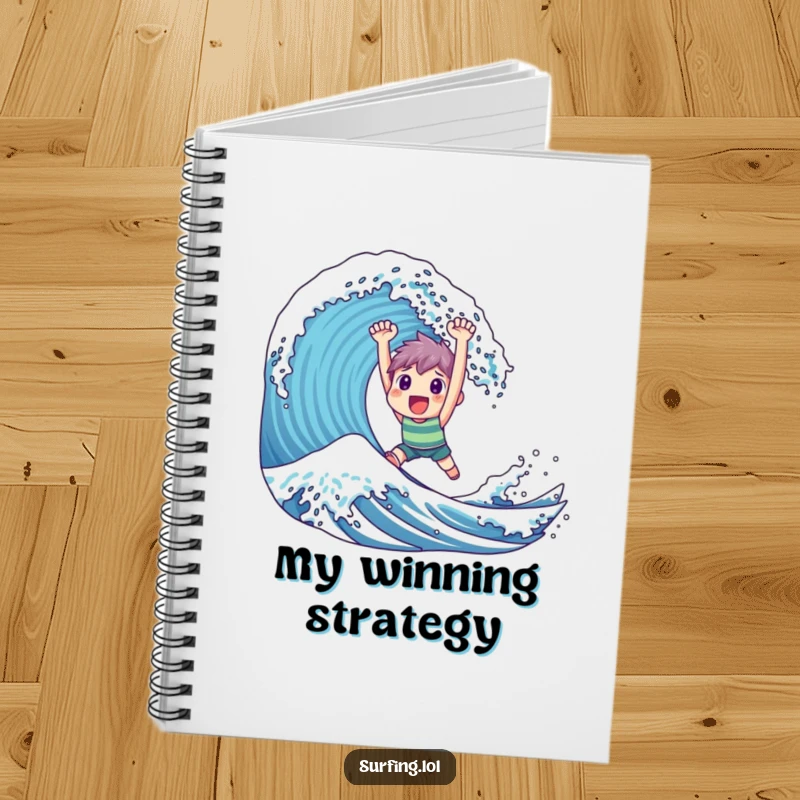 Funny Notebook: Cover art shows a character looking triumphant while successfully surfing a massive, impressive wave.