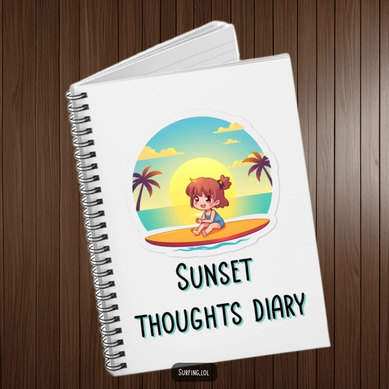 Funny notebook features a joyful character watching a beautiful sunset from a surfboard, perfect for journaling and beach-inspired thoughts.