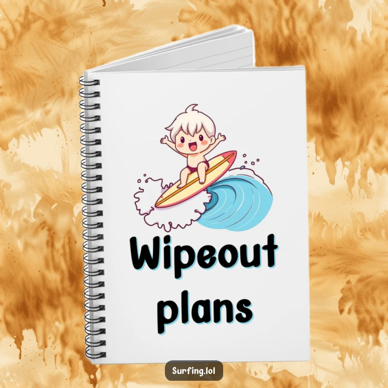 Funny notebook featuring a cute character joyfully riding a large wave while expertly balancing a surfboard with a determined look.