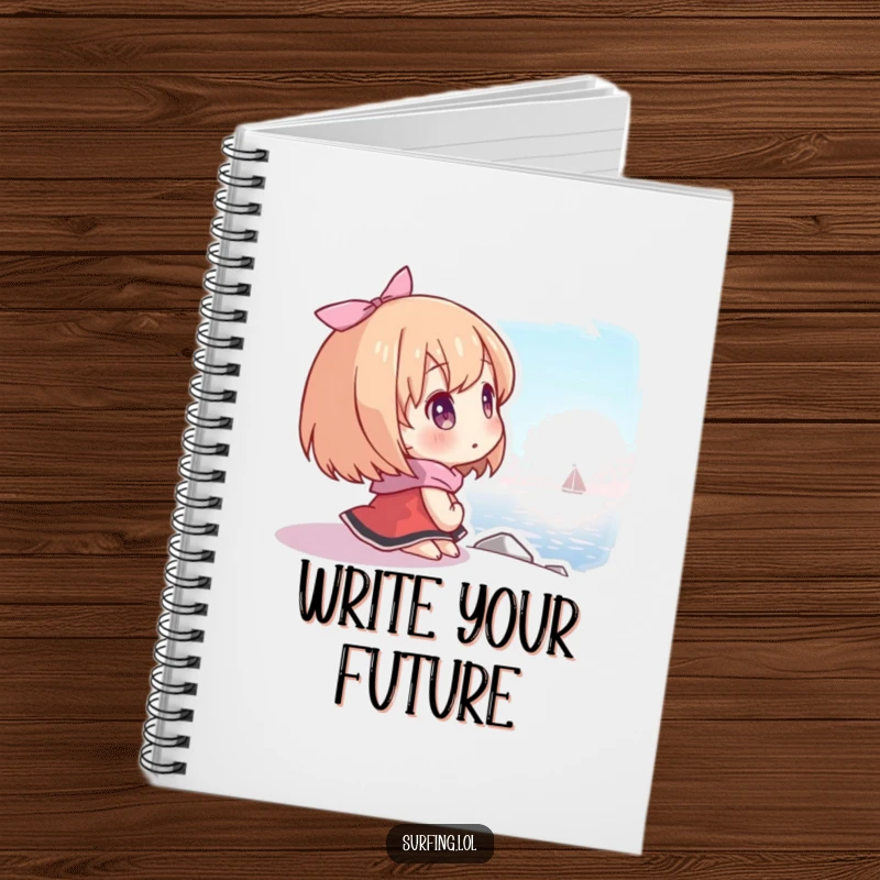 Funny notebook cover with a character looking at a distant shore with hope, inspiring plans and future aspirations.