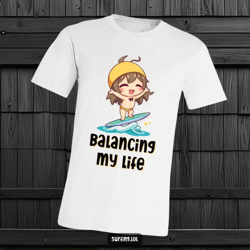 Funny Handstand Character T-Shirt: Character winking and doing a handstand on a surfboard with playful balance, perfect funny gift.