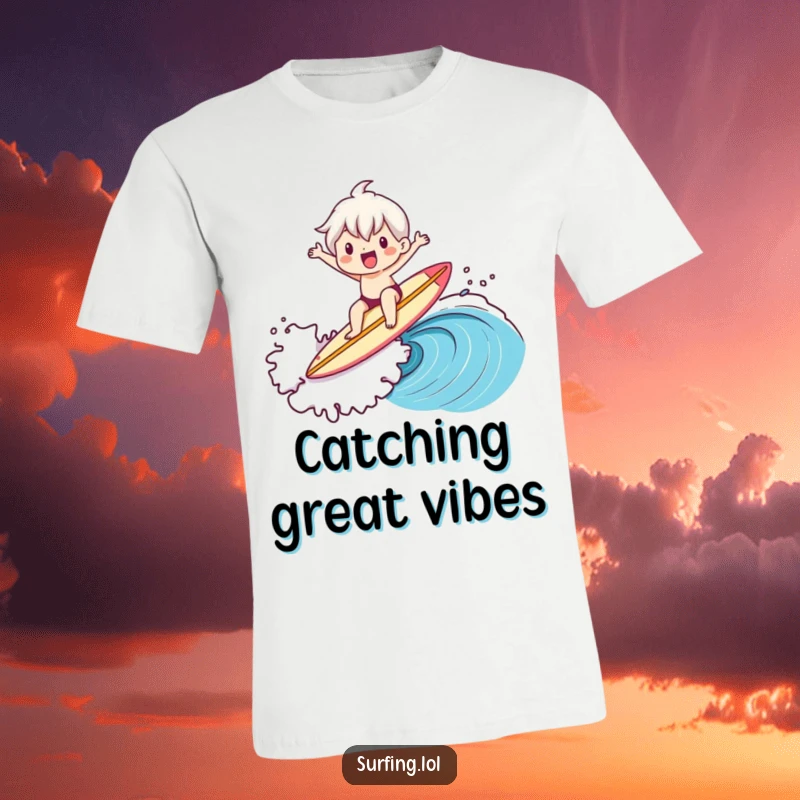 Funny t-shirt featuring a cute character enthusiastically surfing a wave, perfectly balanced on a surfboard, looking stoked.