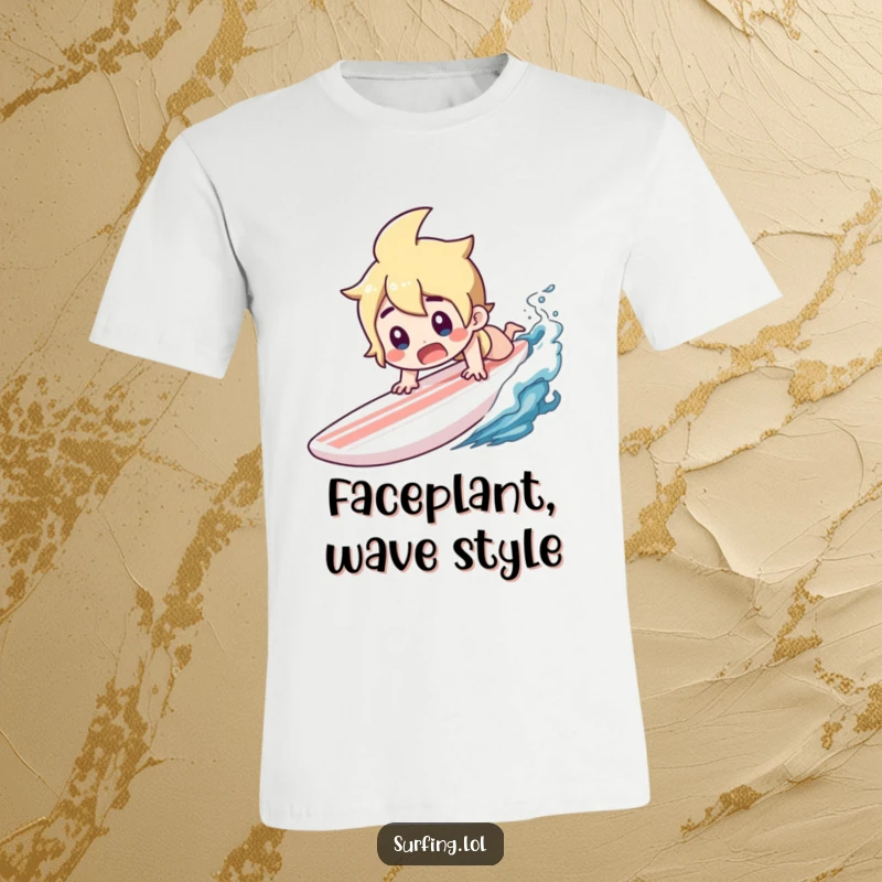 Funny t-shirt depicting a character diving headfirst off a surfboard with a look of surprised shock.
