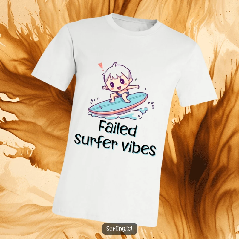 Funny t-shirt with a small character comically tripping and falling off a surfboard, a humorous depiction of a beach blunder.