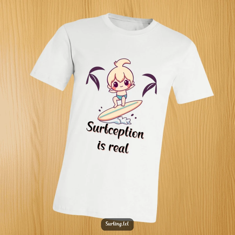 Funny T-shirt of a playful character attempting a perilous balance on a surfboard while precariously holding a second surfboard, pure comedy.