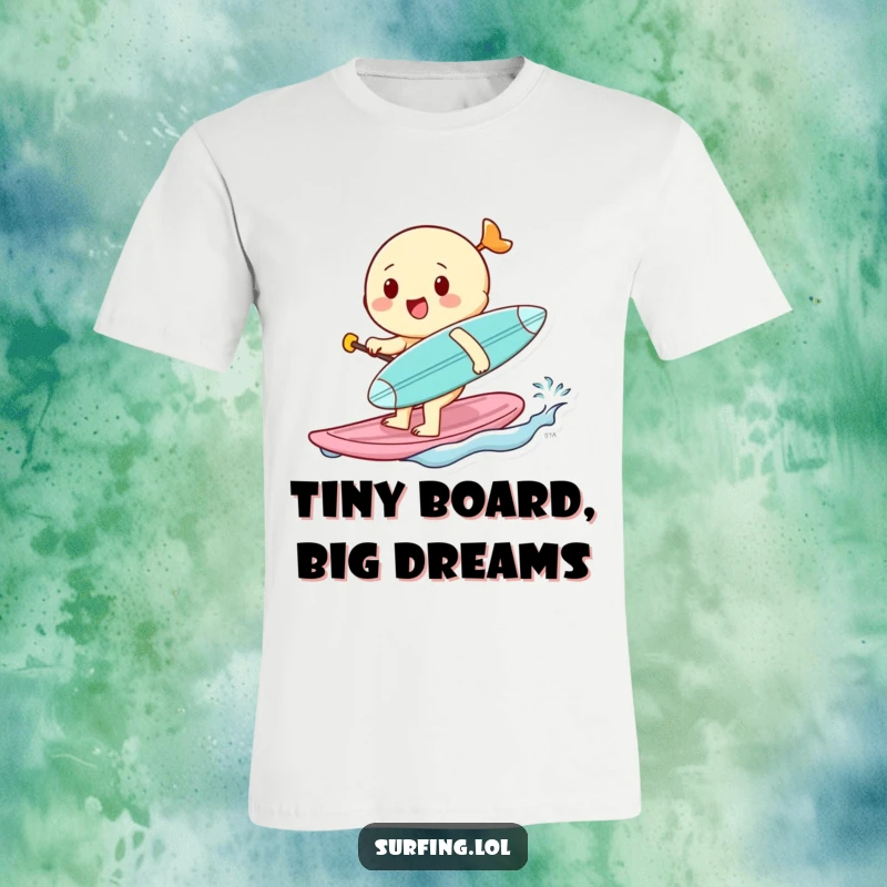 Funny T-shirt showcasing a cheerful character paddling with gusto, a tiny surfboard under its arm, radiating fun and positive vibes.