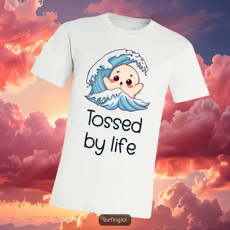 Funny Chubby Surfer T-Shirt: A chubby character with a surprised face is tossed by a playful wave, showing beach fun.