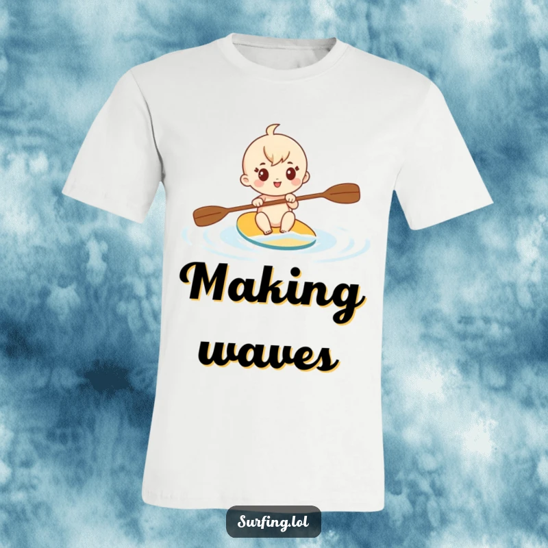 Funny t-shirt with a cute character enthusiastically paddling through calm water, showcasing a determined and focused look.