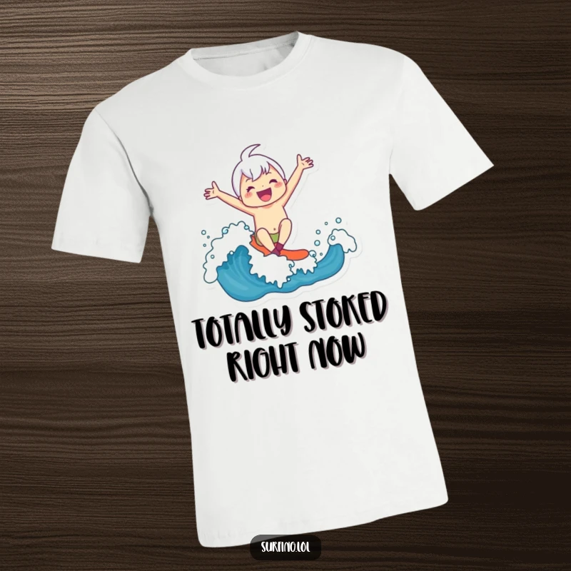 Funny T-Shirt: Cartoon character gleefully surfing a large ocean wave with arms wide open, embodying pure joy.