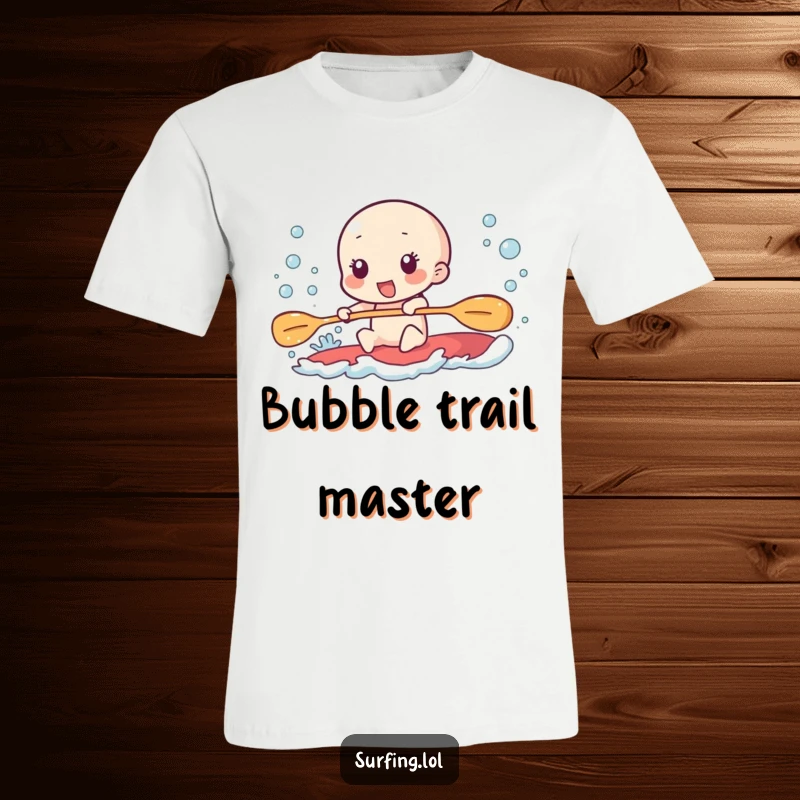 Funny t-shirt depicting a character paddling furiously, creating a trail of excited bubbles.