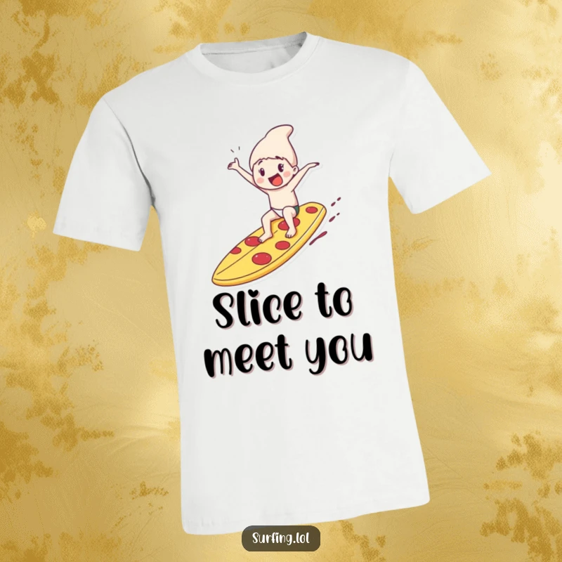 Funny t-shirt featuring a character gleefully riding a giant pizza slice surfboard, showcasing a playful and adventurous spirit.