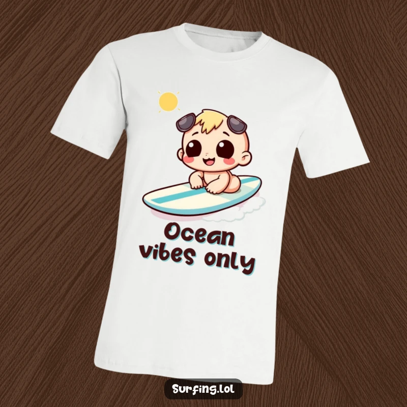 Funny t-shirt featuring a character happily sunbathing on a surfboard, radiating pure joy and a love for the ocean.
