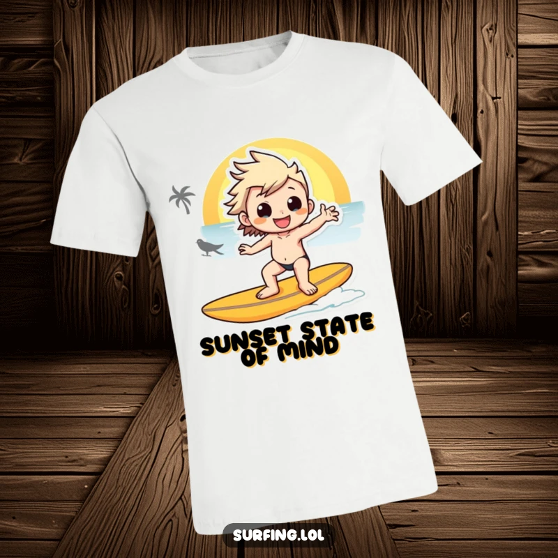 Funny T-shirt showing a character posing masterfully on a surfboard against a colorful sunset backdrop, radiating effortless cool.
