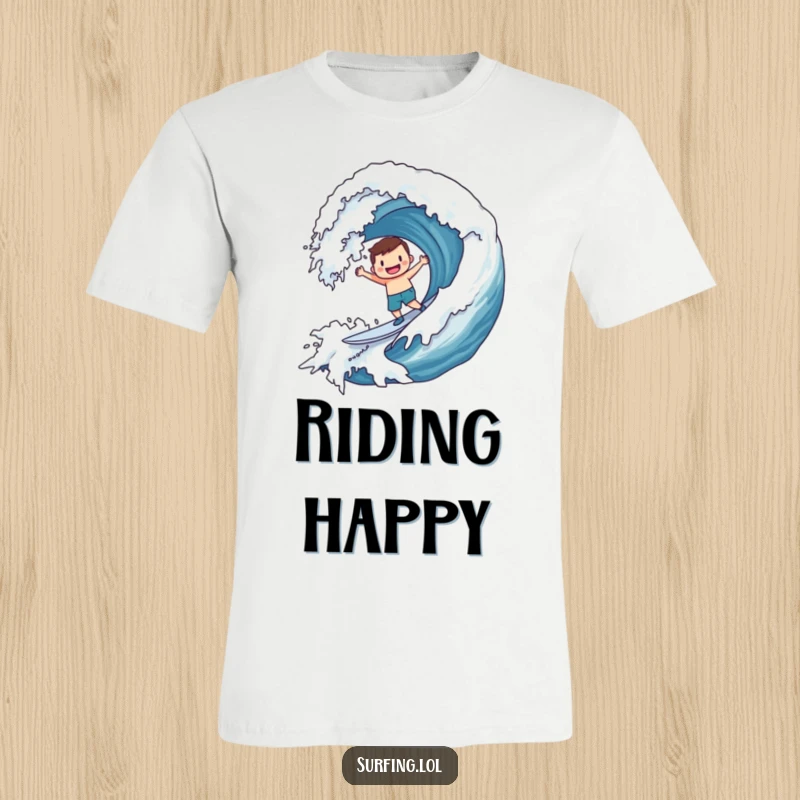 Funny T-Shirt: Character joyfully surfing a massive wave adorned with a prominent smiley face, capturing peak surfing excitement.