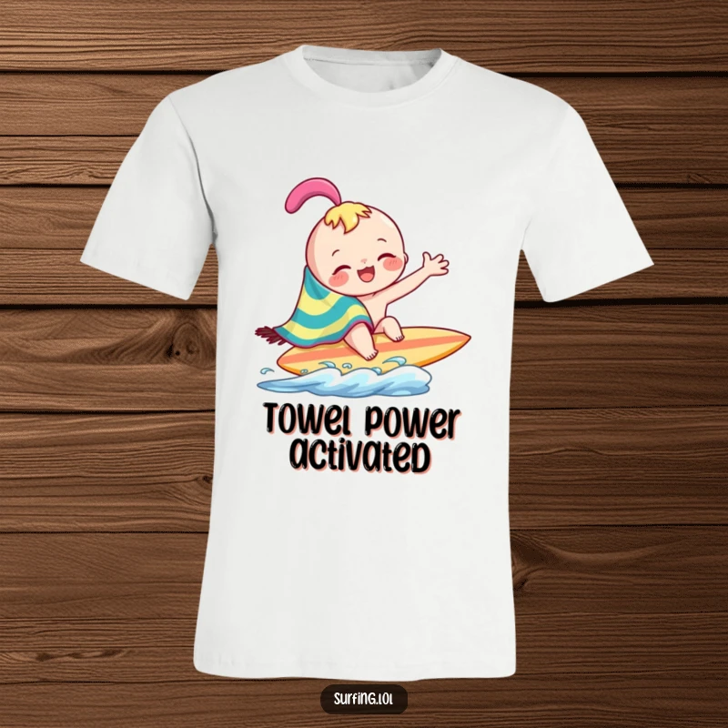 Funny joyful character playfully wiping across surfboard with a colorful towel on a t-shirt, a humorous beach scene, a funny gift.