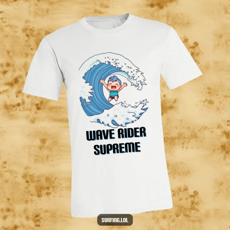 Funny T-Shirt featuring a cute character with a massive triumphant grin, successfully surfing a giant wave with epic style.