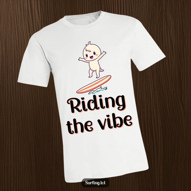 Funny Surfer Character T-Shirt: A cute character in a precarious balancing act on a surfboard, arms wide.
