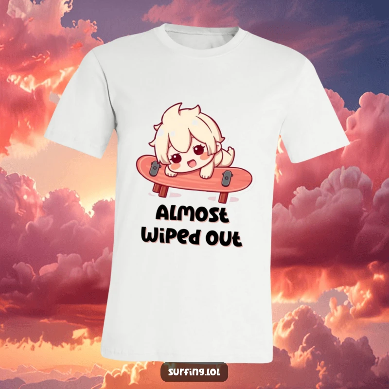 Funny t-shirt showing a character comically losing balance on a surfboard, with a look of surprised joy, perfect for beach days.