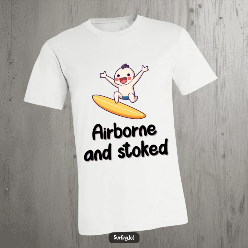Funny t-shirt depicting a tiny character in mid-air, leaping joyfully off a surfboard with impressive style and a big smile.