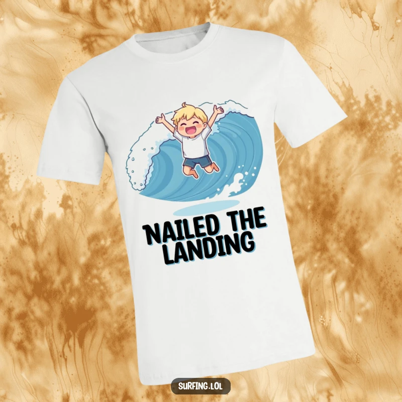 Funny t-shirt depicting a character mid-air, triumphantly catching a wave with pure glee and an ecstatic, victorious surfing stance.