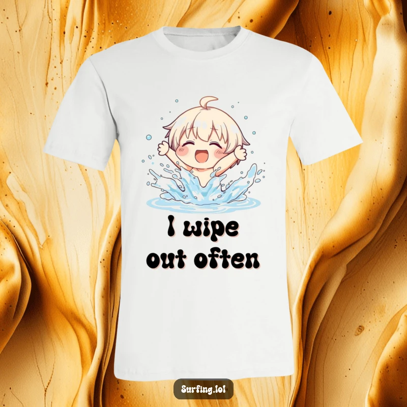 Funny t-shirt showing a character joyfully wiping out on a surfboard, with comical water splashing everywhere.