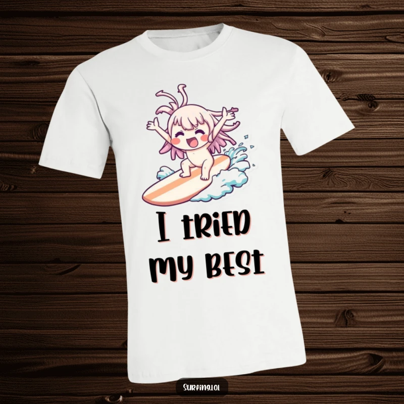 Funny Wipeout Kawaii T-Shirt: A kawaii character comically wiped out on a surfboard with joyful flailing, perfect funny gift.