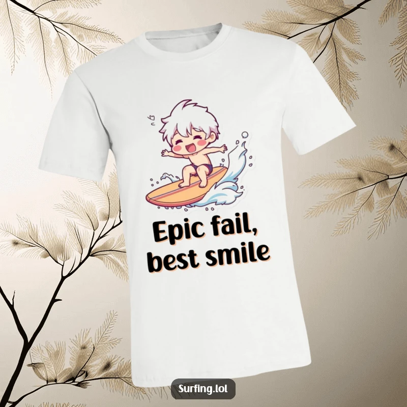 Funny T-Shirt: Character with a big smile is hilariously wiping out on a surfboard, water splashing everywhere.