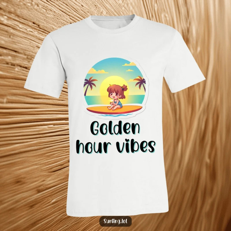 Funny t-shirt featuring a character joyfully watching a stunning sunset from a surfboard, evoking peace and beachy vibes.