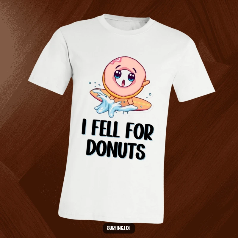 Funny t-shirt with a surprised donut character comically falling off a surfboard with a big splash, capturing a moment of hilarious failure.