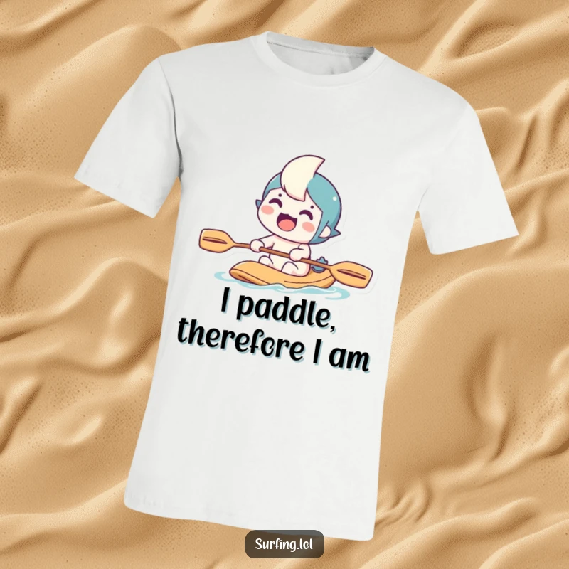 Funny T-shirt featuring a determined character joyfully paddling, embodying adventure and excitement, a great gift for explorers.