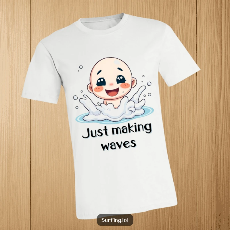 Funny t-shirt showing a character gleefully splashing in ocean foam with a huge, happy smile, radiating carefree beach vibes.