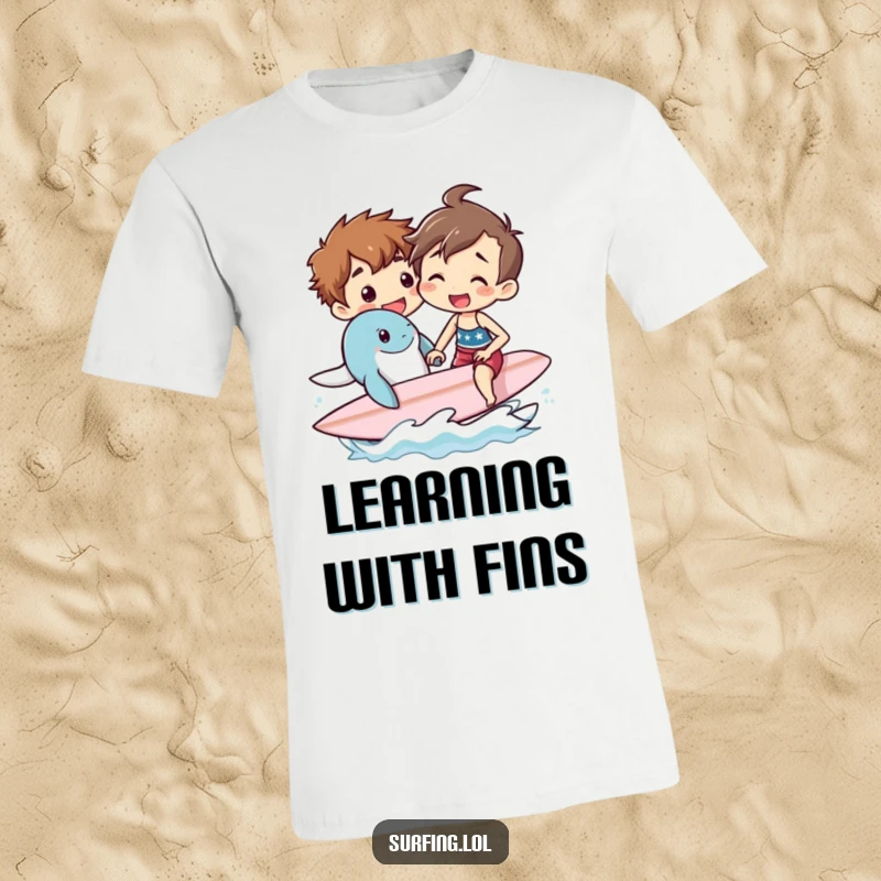 Funny t-shirt depicting a cheerful person teaching a friendly sea creature how to surf, capturing a moment of learning and ocean camaraderie.