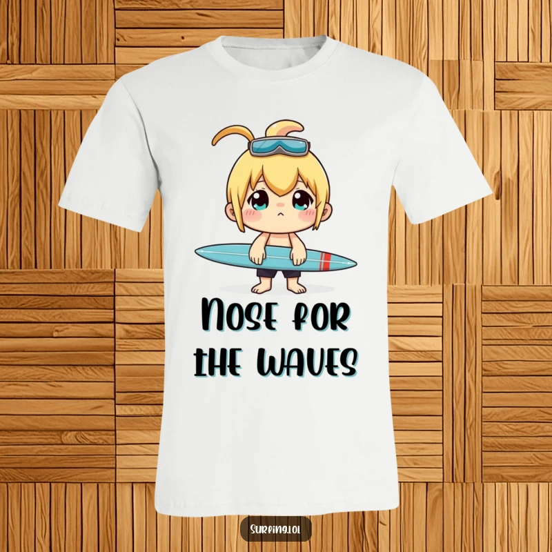 Funny t-shirt showing a character intensely concentrating while balancing a surfboard on their nose.