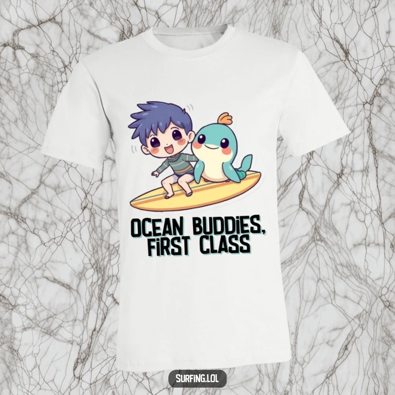 Funny t-shirt with a character and sea creature smiling while sharing a surfboard, depicting a hilarious beach friendship.