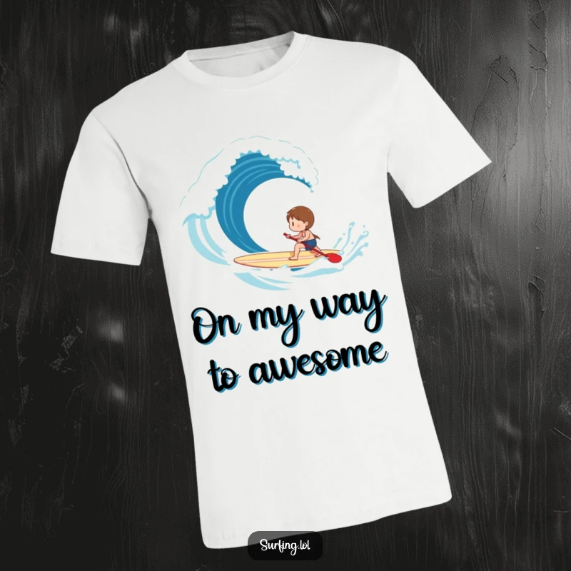 Funny T-Shirt: Character with a happy expression paddles a surfboard with determination towards a large breaking wave.