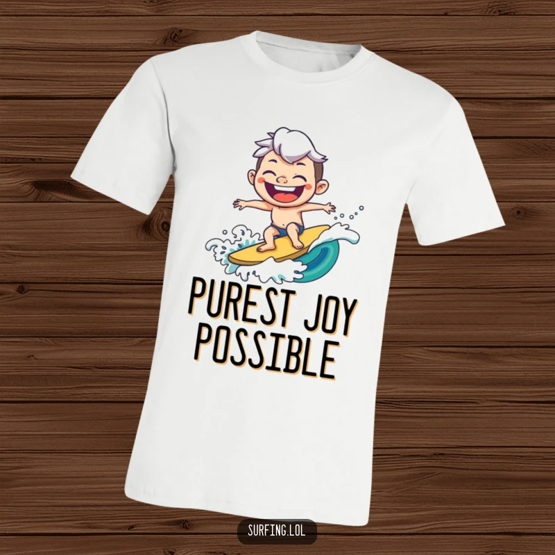Funny T-shirt of a joyful character riding a wave with a massive, exaggerated grin, embodying extreme happiness and surf stoke.