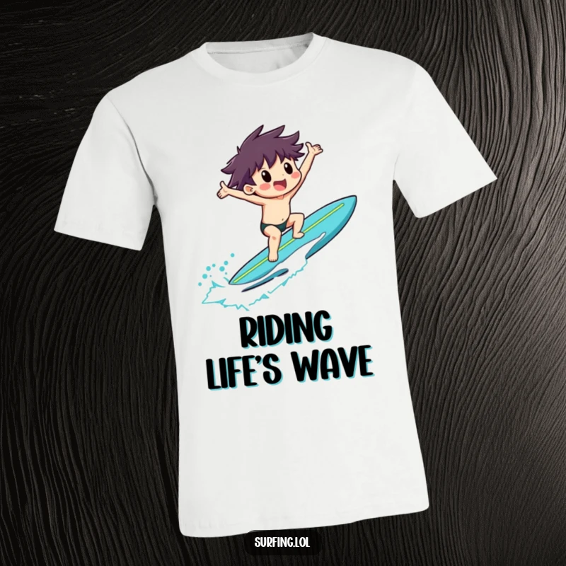 Funny t-shirt featuring a surfer riding a surfboard with arms outstretched in exultation, embodying pure happiness.