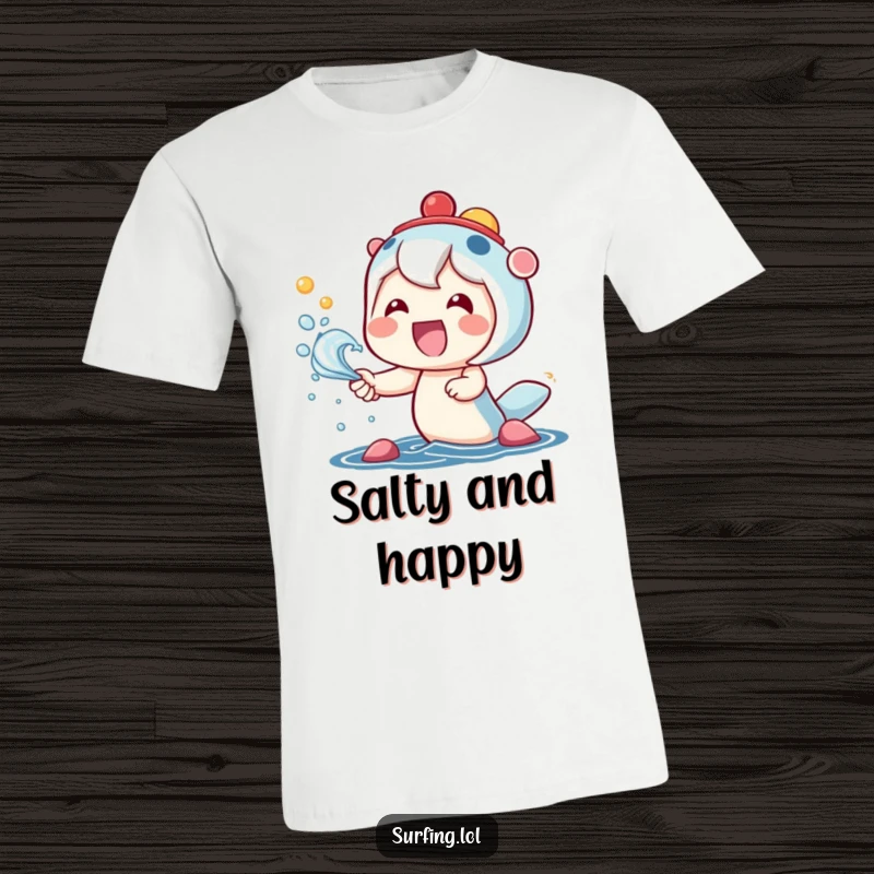Funny t-shirt showing a cute kawaii character grinning widely while catching an explosion of colorful sea spray.