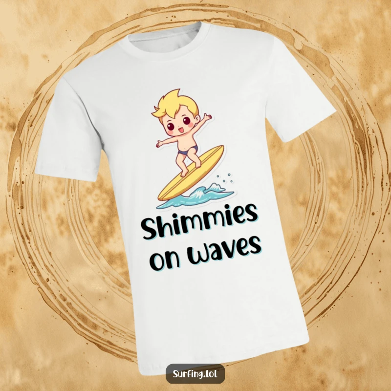 Funny t-shirt showing a surfer perfectly balancing on a surfboard, doing a fun little shimmy with flair.