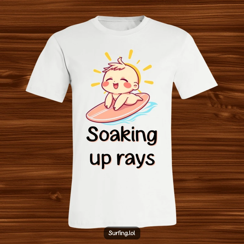 Funny Sunbathing Character T-Shirt: Small character sunbathing on a surfboard with eyes closed and a relaxed grin, perfect funny gift.