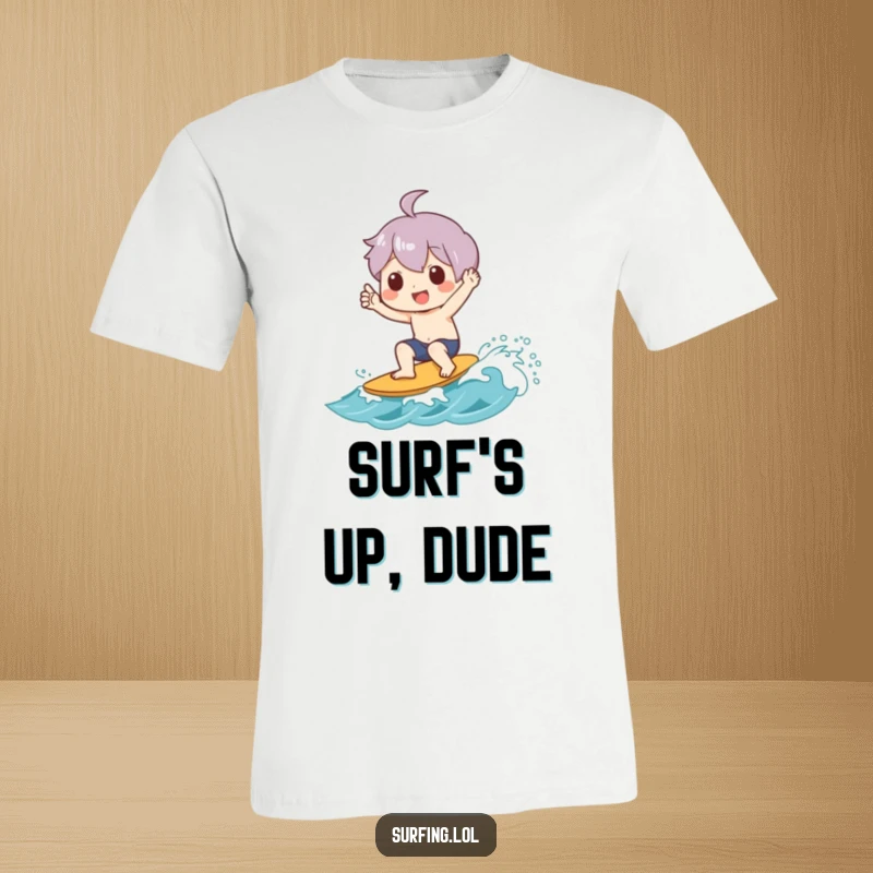Funny t-shirt depicting a character joyfully giving a shaka sign while riding a small wave, perfect for beach lovers.
