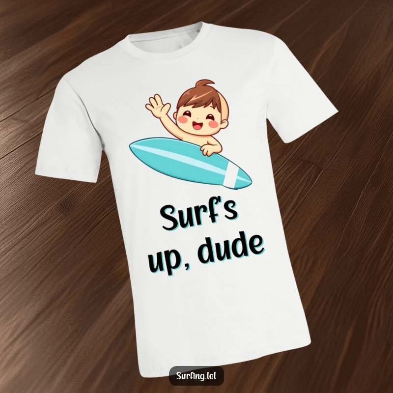 Funny t-shirt featuring a cute, smiling character cheerfully waving from a surfboard, embodying summer fun and a carefree spirit.