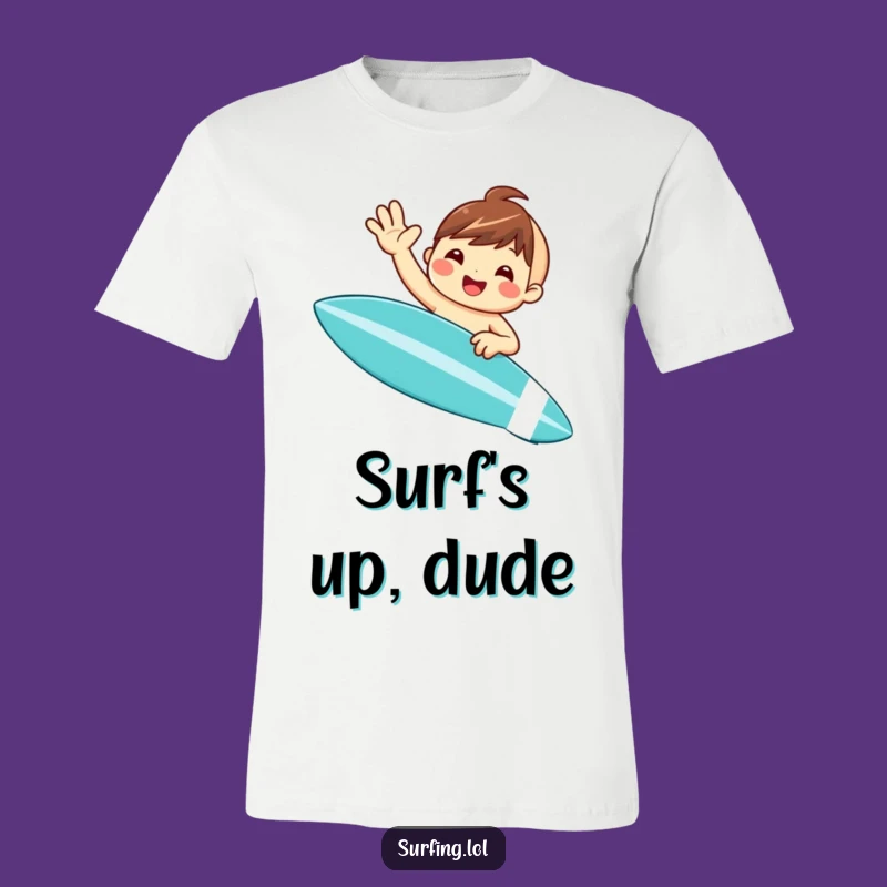Funny Surfer T-Shirt: Cute Waving Character on Surfboard tee