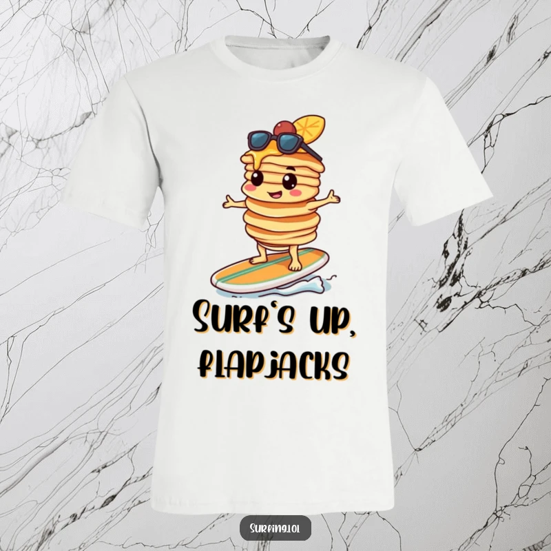 Funny pancake character, determined, balancing stacked pancakes on a surfboard, riding a wave with a smile, comical surf and breakfast theme.