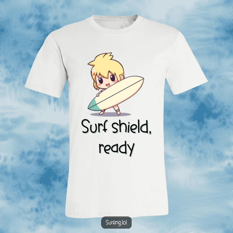 Funny cute character holding a surfboard like a shield, prepared for adventure, a heroic and funny t-shirt, a funny gift.
