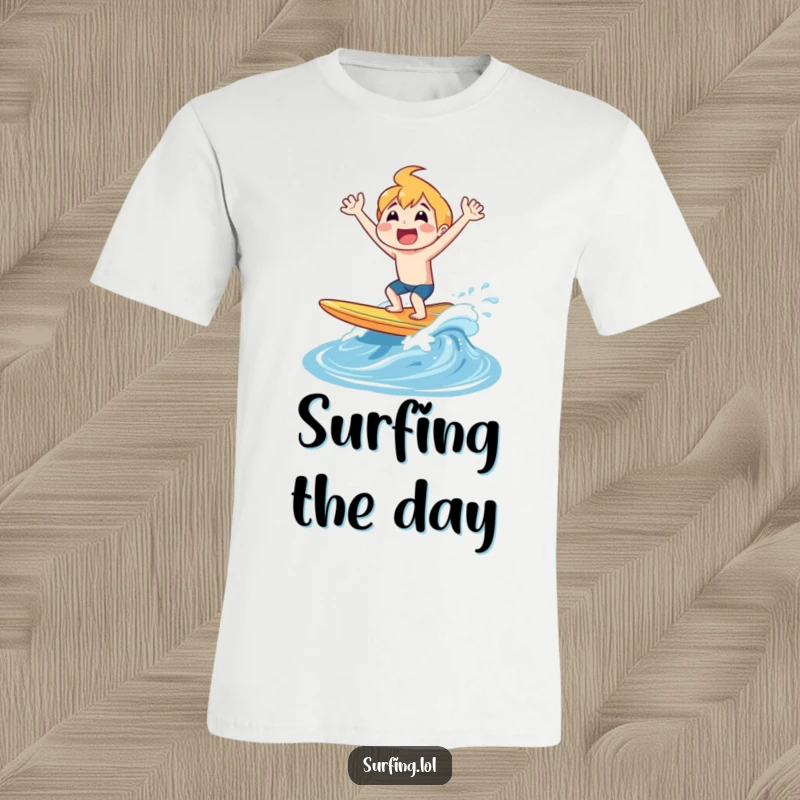 Funny T-Shirt of a surfer popping out of the water on a board, captured mid-shout with infectious, joyful energy.